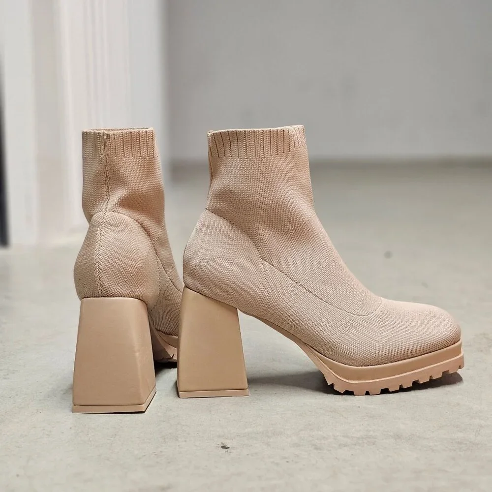 Chunky Heel Ankle Boots With Sock Knit Upper & Lug Sole In Nude